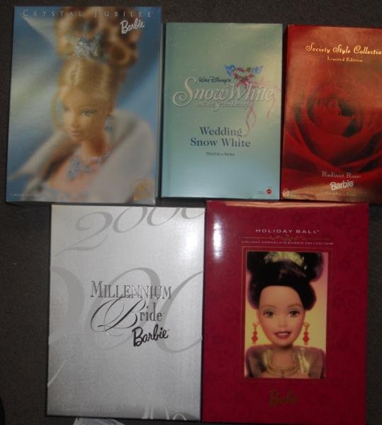 FIVE MATTEL BARBIE DOLLS: Disney's Snow White and the Seven Dwarf's, "Holiday Ball", "Society Style Collection, Radiant Rose", "Crystal Jubilee", and "Millennium Bride", some Limited edition, all in original boxes, never playe