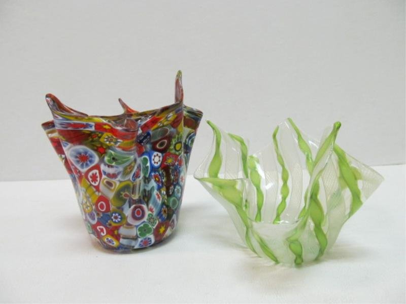 TWO ITALIAN HANDKERCHIEF GLASS VASES: Murano Millefiori, height 5 in; and Venini style latticework vase, height 3 1/2 in.