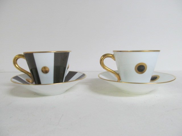 OLIVIER GAGNERE FOR BERNARDAUD, LIMOGES: Eight porcelain teacup/saucer units, four in LIPARI and four in ITHAQUE patterns, 20th century.