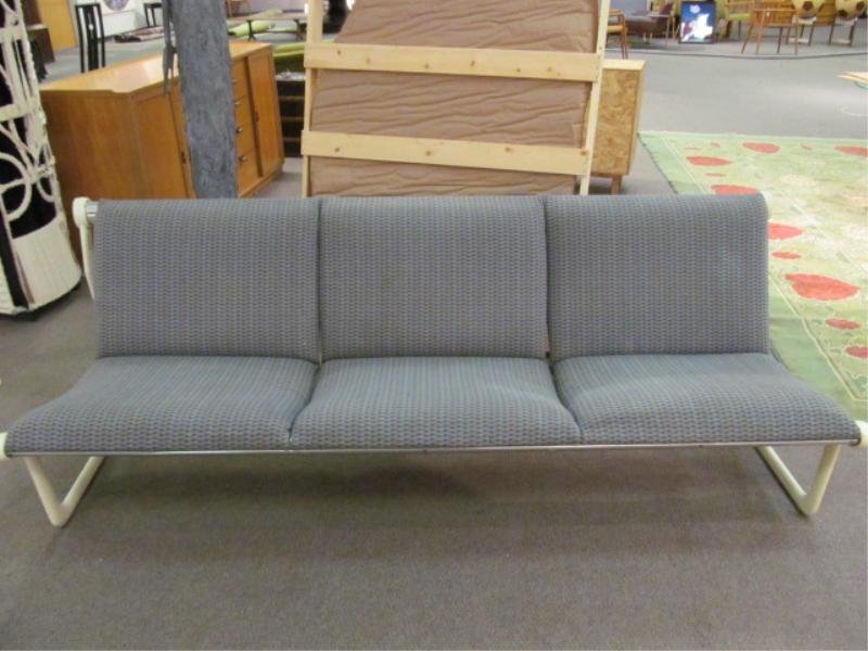 BRUCE HANNAH AND IVAN MORRISON FOR KNOLL: White framed and upholstered settee and matching chair. Height 28, length 81 1/2 in. Chair 28 in.