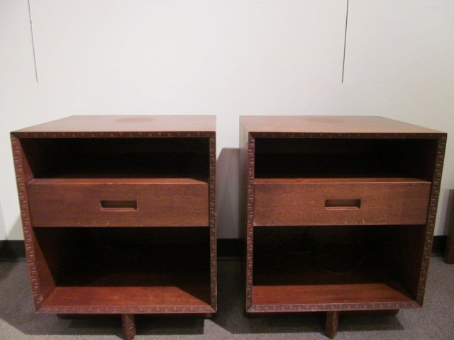 FRANK LLOYD WRIGHT FOR HERITAGE HENREDON: Pair of nightstands having Taliesin designed edges with single drawers having recessed handles, numbered 2001, script logo. Height 25 1/2, width 21 1/2, depth 18 in.
