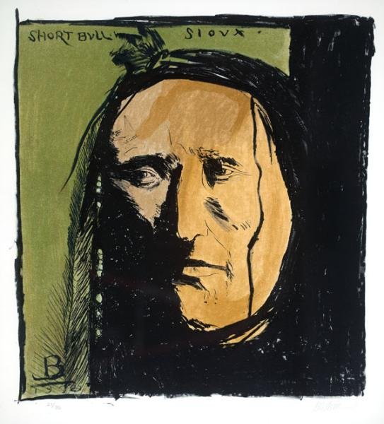 LEONARD BASKIN, AMERICAN (1922-2000): SHORT BULL SIOUX, 1972, color lithograph, edition #27/85, signed and numbered in pencil lower margin, framed. 21 1/2 x 20 1/2 in.