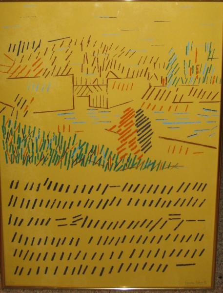 CARMEN CALVO, SPANISH (B. 1950): Variation of "Serie Escrituras", 1985, multicolor silkscreen on cream paper, signed lower right, framed. 24 x 17 in. Provenance: Gift from the artist, single family ownership.