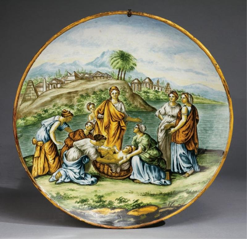 ITALIAN RENAISSANCE STYLE MAJOLICA CHARGER: Polychrome painted scene after Nicolas Poussin "Finding of Moses", marked, circa 18th/19th century. Diameter 18 1/2 in.