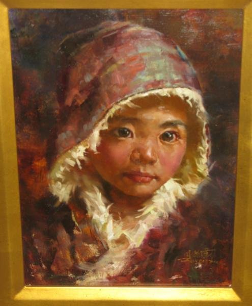 JIE WEI ZHOU, CHINESE/AMERICAN (B. 1962): Tibetan Girl, oil on canvas, signed lower right, framed. 9 x 12 in.