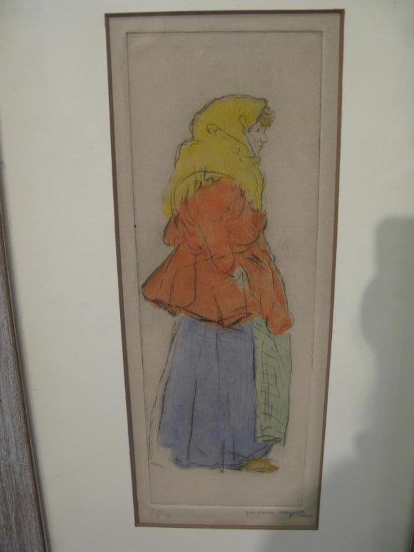 JEROME MYERS, AMERICAN (1864-1940): Figure of a woman wearing a head scarf, hand colored copper plate etching, signed lower right corner, framed. 8 1/3 x 3 1/4 in. (sight)
