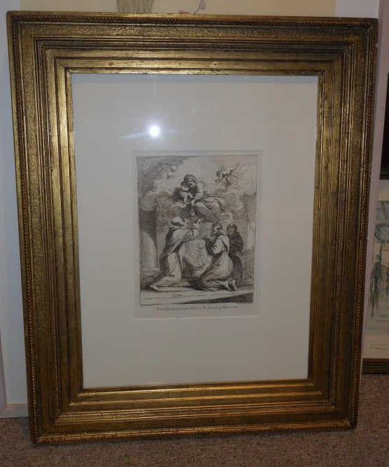 FRANCESCO BARTOLOZZI, ITALIAN (1727-1815): After Guercino (Giovanni Franceso Barbieri) THE VISION OF ST. SIMON STOCK, engraving, ex Collectione ComitisAntonii M. Zanetti, gilt-framed. 13 1/2 x 10 1/4 in.