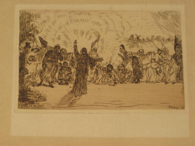 JAMES ENSOR, BELGIAN (1860-1949): LE CHRIST AUX MEDIANTS, 1895, copper plate etching, signed and dated in plate lower right, framed. 3 3/4 x 5 3/8 in.