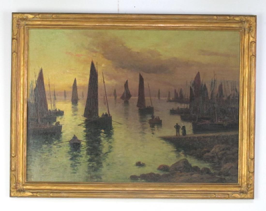Oil on Panel of Port Scene: Oil on panel painting depicting figures and sailboats on water at a port during sunset. Signed Philippe to lower right. Housed in a carved gilt wood frame. 23.5 inches height, 32 inches width. Frame m