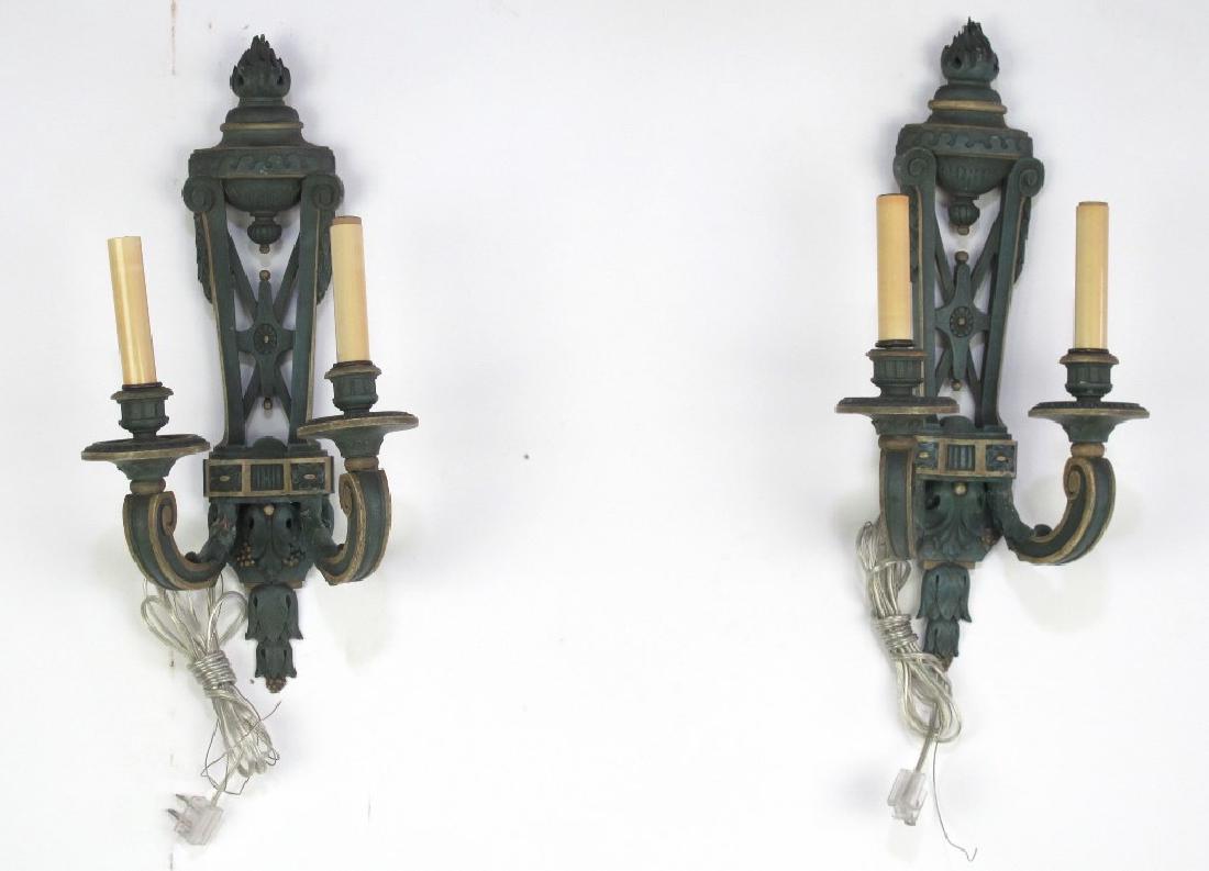 Pair Fine Late 19th C. French Wood Carved Sconces: Pair of carved wood sconces having 2 arms to each. Painted green and gold with carved torch and foliate motif. 19 inches height, 9 inches width, 6 inches depth. 19"H x 9"W x 6"D Measurements: 19"H x 9