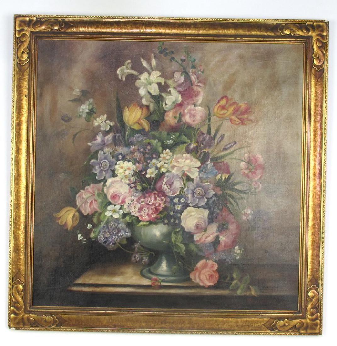 Mabel Scott Oil on Canvas Still Life: Oil on canvas painting signed Mabel H. Scott and dated 1929 to lower right. Depicting a still life scene with a bouquet of flowers in a vase. Housed in a carved gilt wood frame. 29.5 inches height, 29