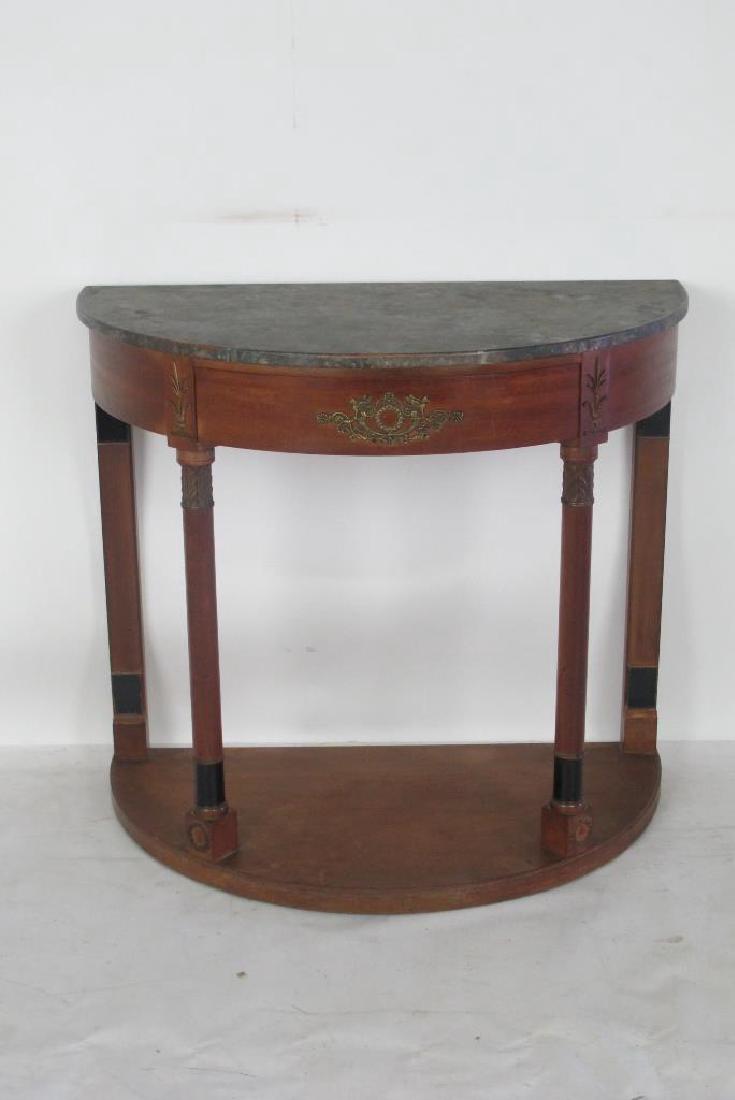 Kittinger Painted Wood Console: Demilune wood console having painted faux stone top with single drawer. Brass foliate mounting and solid base. By Kittinger. 32 inches height, 36.5 inches width, 20 inches depth. 32"H x 36.5"W x 20"D