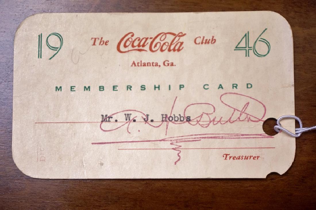 William Hobbs Coca-Cola Club Card: Coca-Cola Club membership card belonging to and signed by William J. Hobbs, former president of the Coca-Cola Company. Dating to 1946, the year of his promotion to president. 2.5"H x 4"W Wear from age