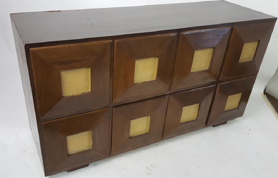 Modern Credenza: Modern credenza having 8 square drawers with painted detail to centers. 30 inches height, 58 inches width, 18.5 inches depth. 30"H x 58"W x 18.5"D Wear from age and use