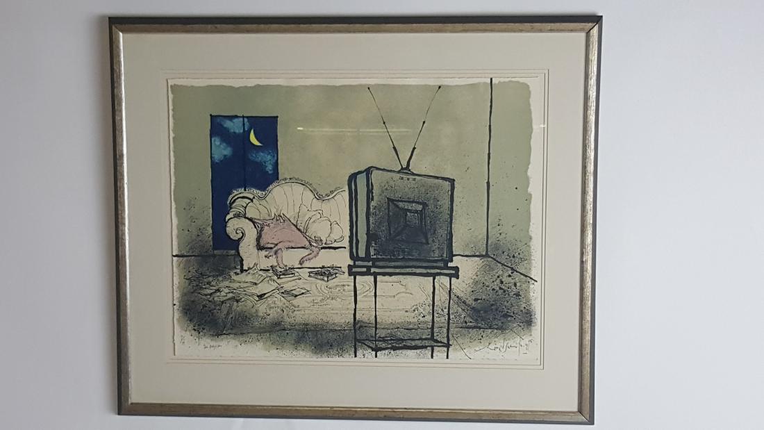 Signed Cartoon-Like Print: Lithograph on paper pencil signed illegibly to lower right. Titled "The Babysitter" and numbered 17/99 to lower left. Depicting an anthropomorphized cat sitting on a couch watching television. Housed