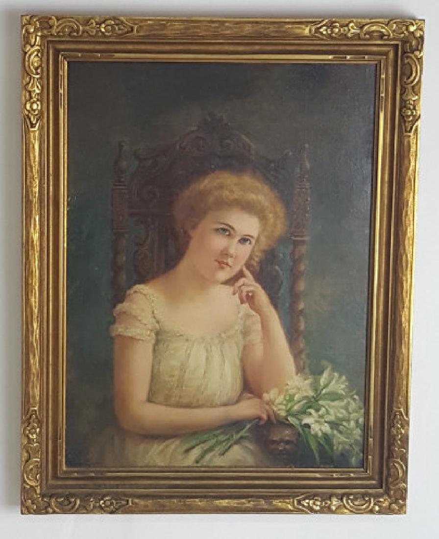 Diana Coomans (1861-1952) Oil on Canvas Portrait: Oil on canvas portrait of a young woman seated in a carved chair holding white flowers. Signed Diana Coomans to lower left. Housed in a foliate carved gilt wood frame. 24 inches height, 18 inches widt