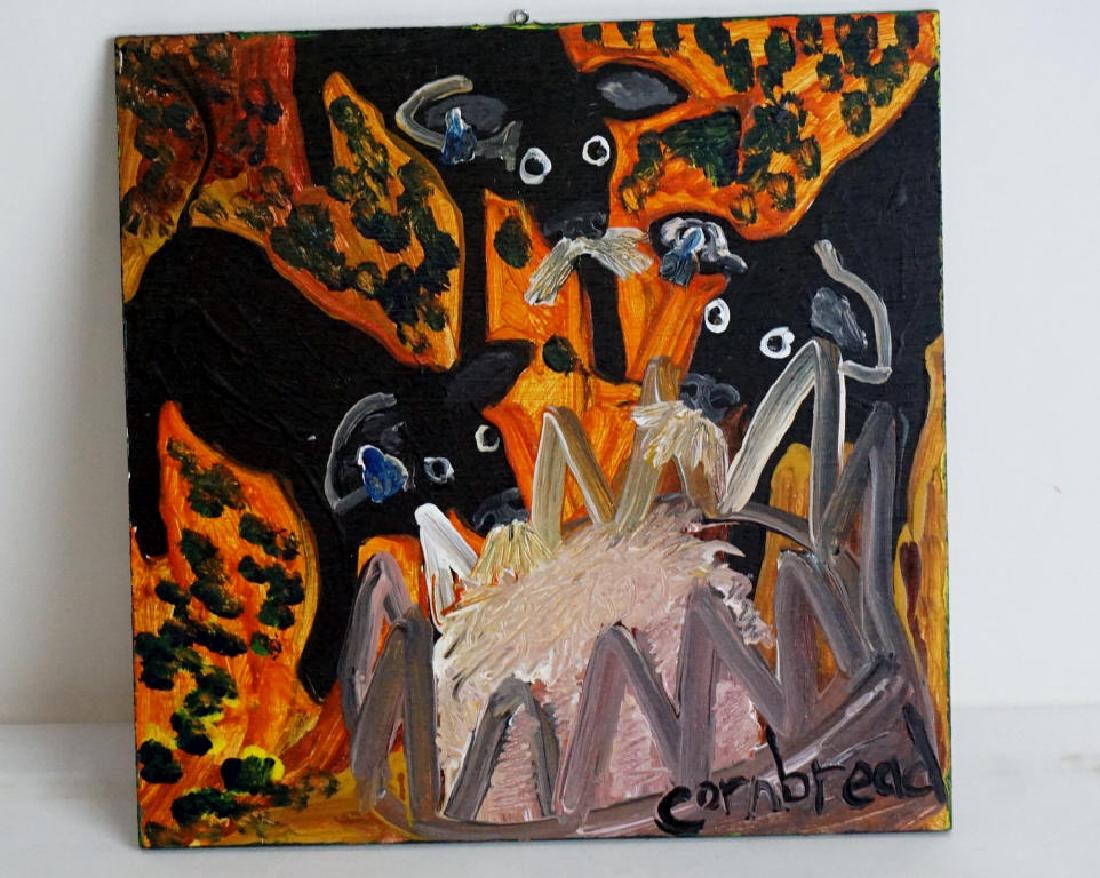 Acrylic on Panel Signed Cornbread: Small acrylic on panel painting signed Cornbread to lower right. Depicting 3 cows eating from a trough. 12 inches height, 12 inches width. 12"H x 12"W