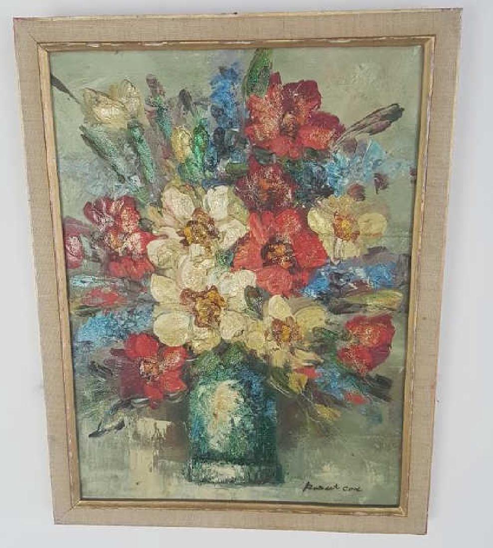 Robert Cox (1934-2001) Oil and Glitter on Canvas: Impasto oil on canvas signed to Robert Cox to lower right. Depicting a bouquet of flowers in a vase. Glitter detail throughout. Housed in a wood frame. 16 inches height, 12 inches width. 16"H x 12"W F
