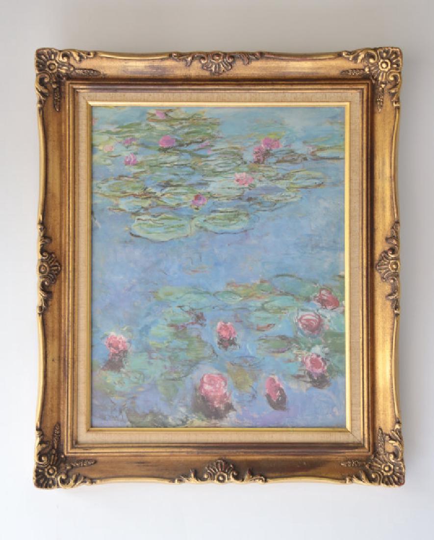 Detail Print of Monet's Water Lilies: Print of a detail section of Calude Monet's Water Lilies. Depicting the flowers on water. Housed in a carved gilt frame. 21.5 inches height, 17.5 inches width. Frame measures 25.75 inches height, 21.7
