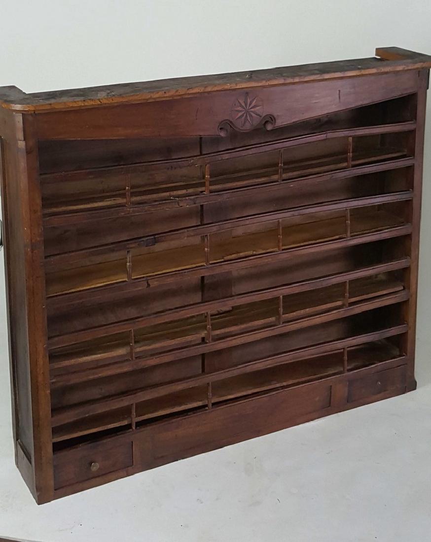 Cabinet Top: Cabinet top having rack-like shelves throughout. Inlaid and carved star detail to top of front. 48 inches height, 57.25 inches width, 11 inches depth. 48"H x 57.25"W x 11"D Wear from age and use