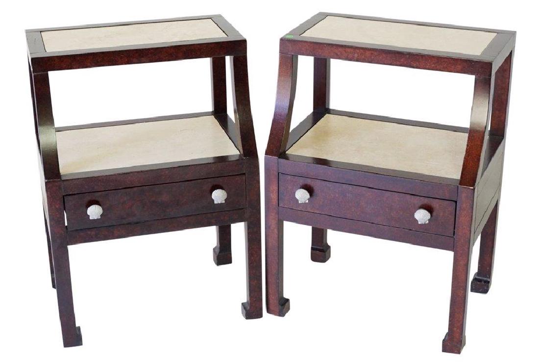Pair of 2 Tier Laneventure Nightstands: Pair of dark wood frame nightstands having 2 tiers with inset cream stone. Single drawer to each with metal hardware. By Excursion by Laneventure. 31.5 inches height, 22 inches width, 16 inches depth.