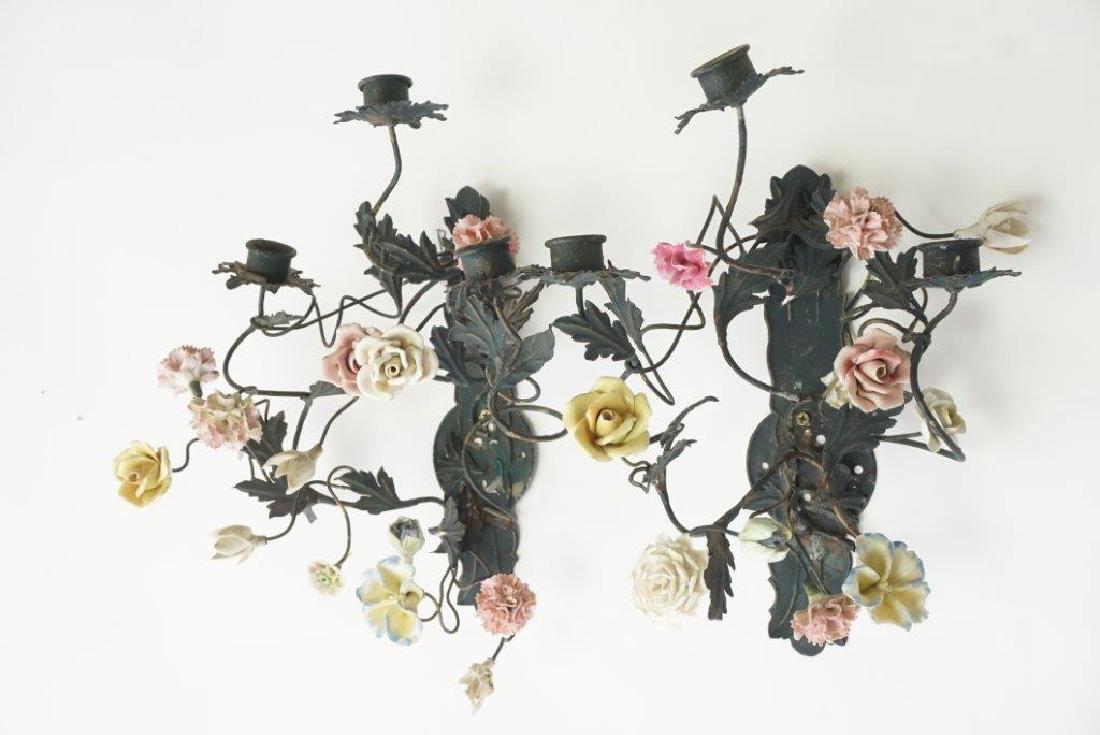 Pair of Floral Tole and Porcelain Sconces (1 of 5)