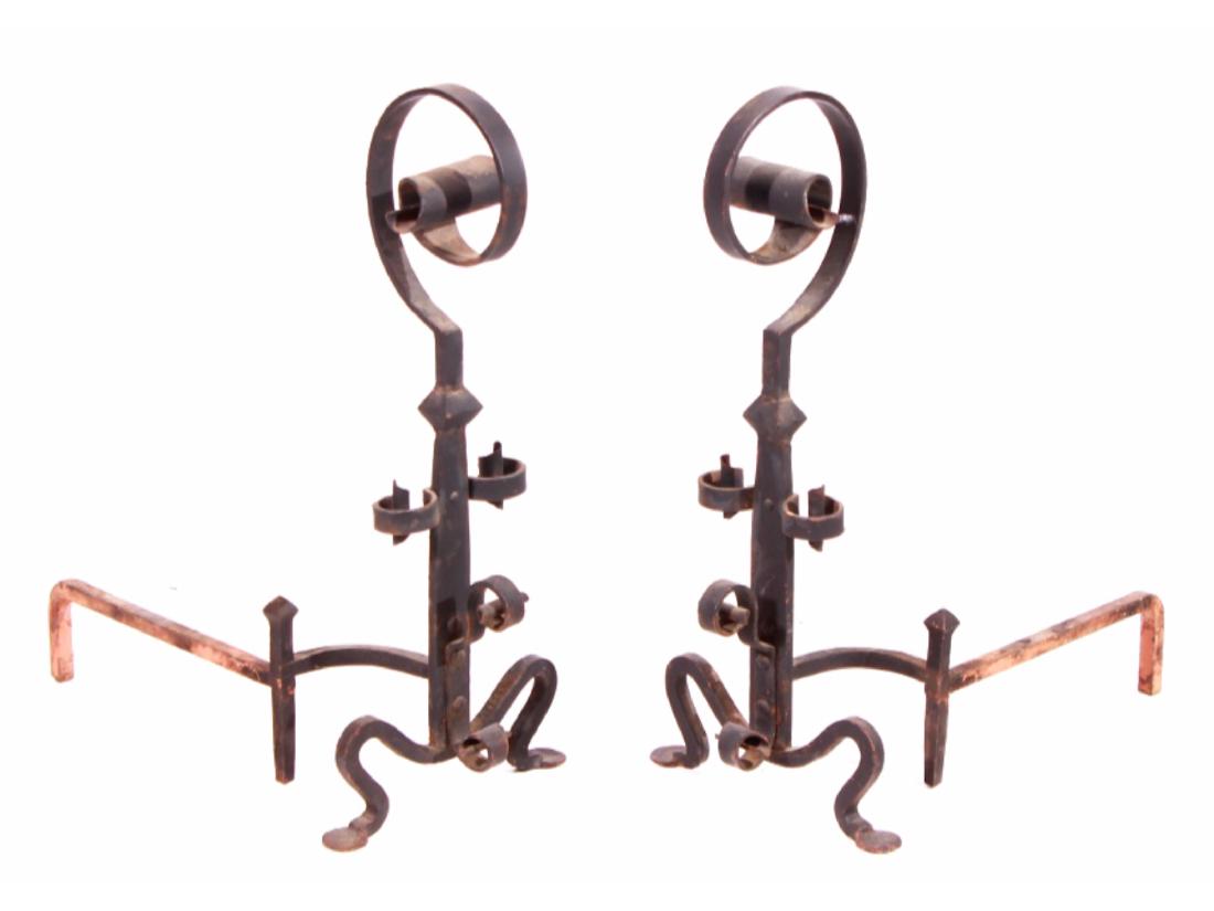 Pair of Scrolled Andirons: Wrought iron with scrolled crest and feet.