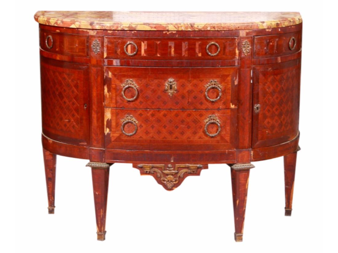 Antique Louis XVI Style Commode: Louis XVI style commode having red aggregate marble top with parquetry inlay and bronze handles and mounts. Extensive losses to veneer. 32 inches height, 40 inches width, 17 inches depth.