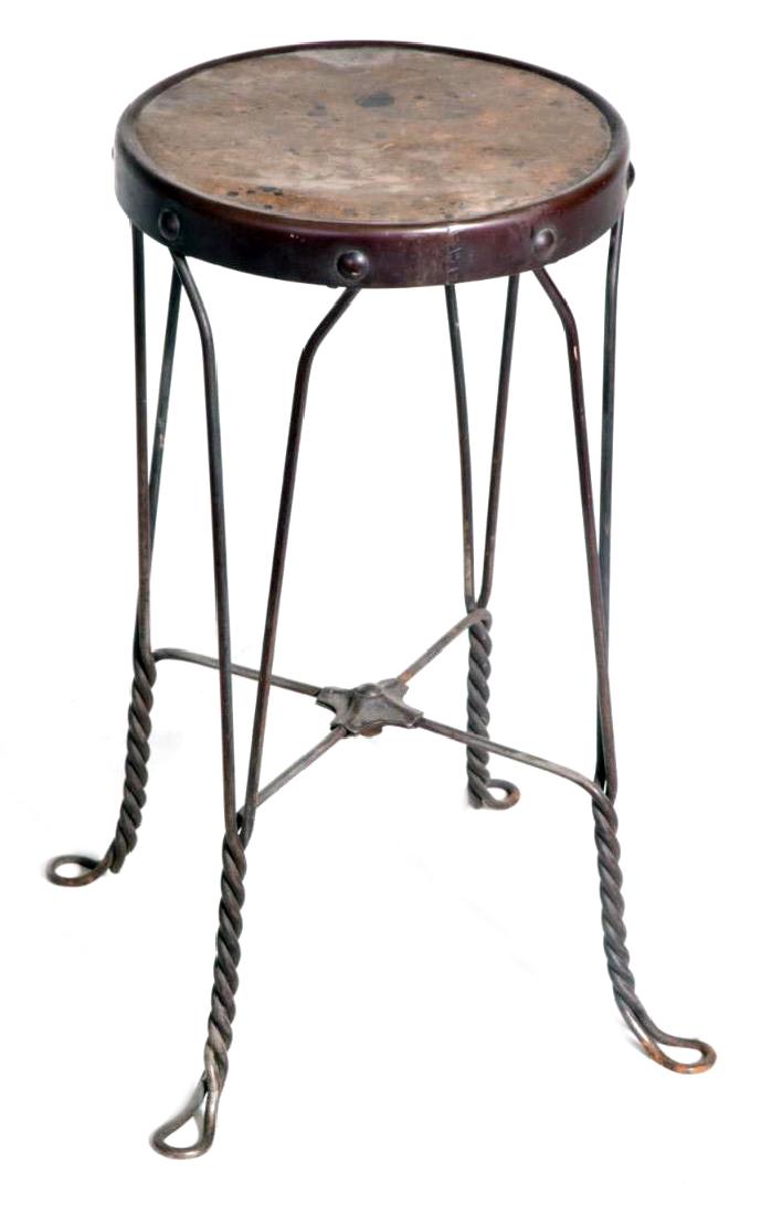Metal Stool: With seat of artist or pegboard. 24 inches height, 20.5 inches diameter.
