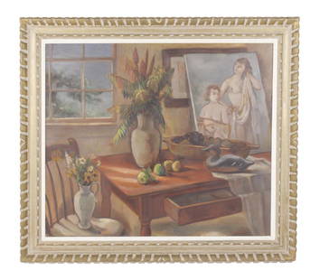 Bernard Karfiol (American, 1886-1952): Oil on canvas. Depicting an interior with artwork and a table with various objects. Mounted in a gold white distressed frame. Signed lower right B. Karfiol. Sight: 34 inches length, 40 inches width. O