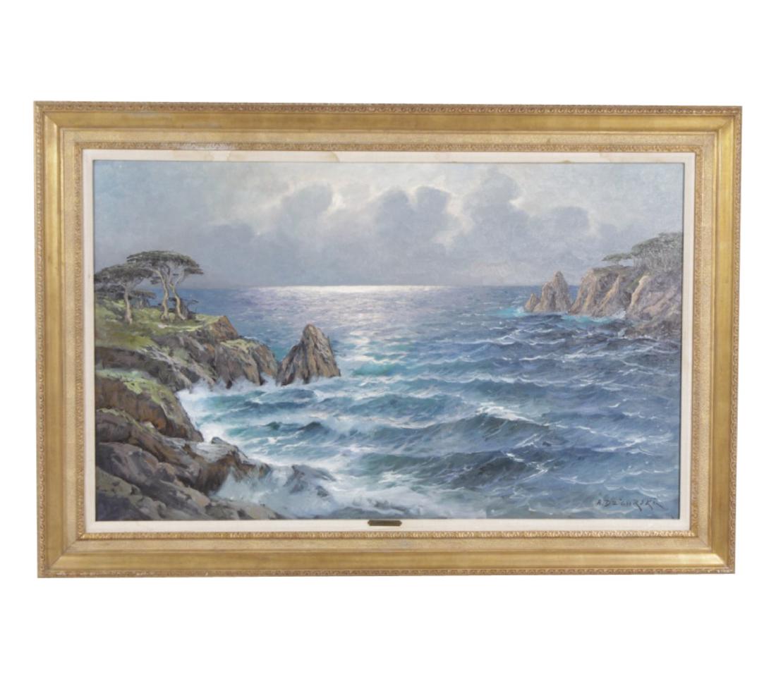 Alexander Dzigurski, Sr. (1911-1995): Seascape, Oil on Canvas. Depicting a South of France seascape with rocky shoreline. Sight: 31.5 inches height, 51 inches width. Overall: 41,5 inches, 61 inches wide. 31.5"H x 51"W Wally Findlay Galler