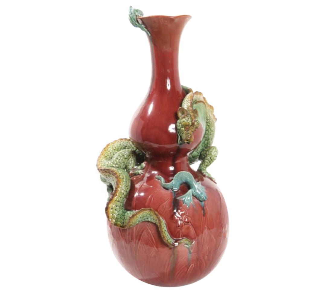 Majolica Double Gourd Vase with Applied Dragon (1 of 11)