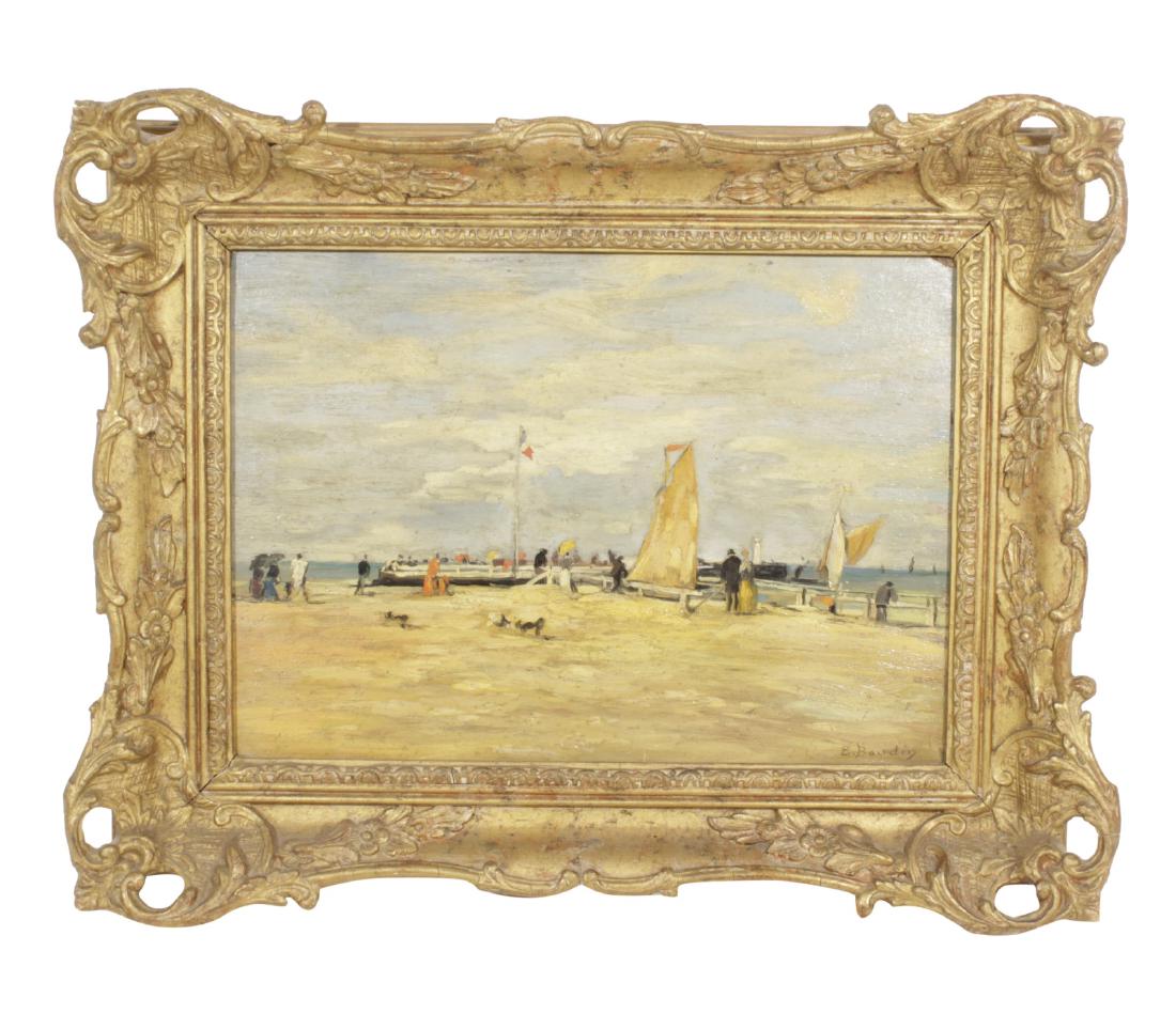 Eugene Boudin, (1824-1898) Sur La Plage: Oil on board. Impressionist scene with figures and boats.Version of La Plage a Trouville. Signature LR.S: 10.5"H x 15.5"W F: 16.5"H x 21.5"W