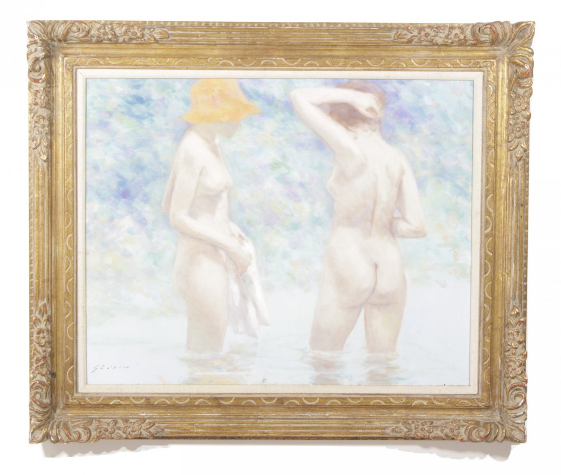 Andre Gisson (French, 1928-2004) Two Nudes: Two female nude bathers. One with orange cap. Oil on Canvas. Signed lower left. S: 24"H x 31"WF: 32"H x 39"W