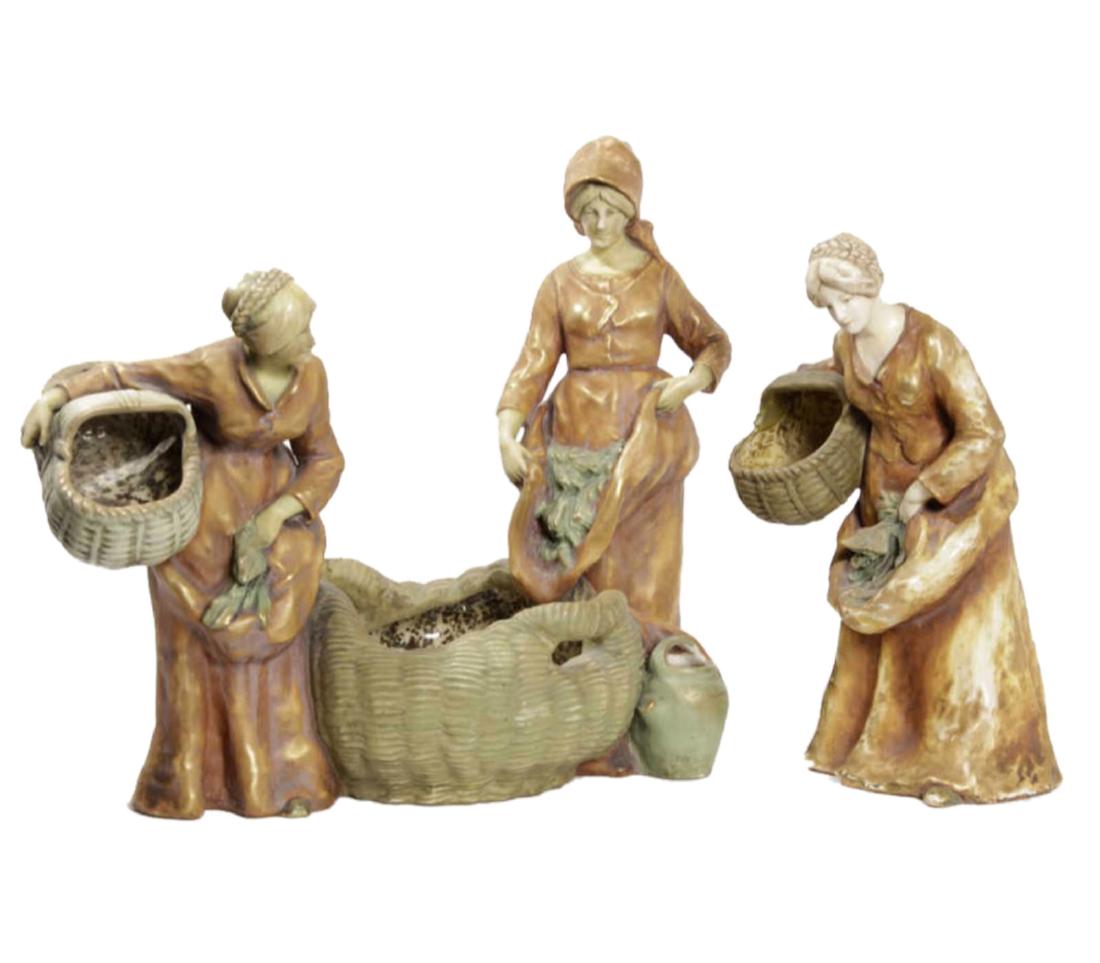 Monumental Teplitz Group: In two parts. Depicting woman at various tasks. With various incised marks underneath. 20 inches height, 26 inches width, 12 inches depth. 20"H x 26"W x 12"D