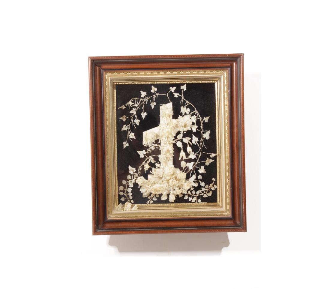 Diorama Crucifix in Wax: Probably early 20th. Momento Mori of bouquet of white wax. S:18.5 inches height, 15.5 inches width. F:23.5 inches height, 20.5 inches width. S: 18.5"H x 15.5"W F: 23.5"H x 20.5"W