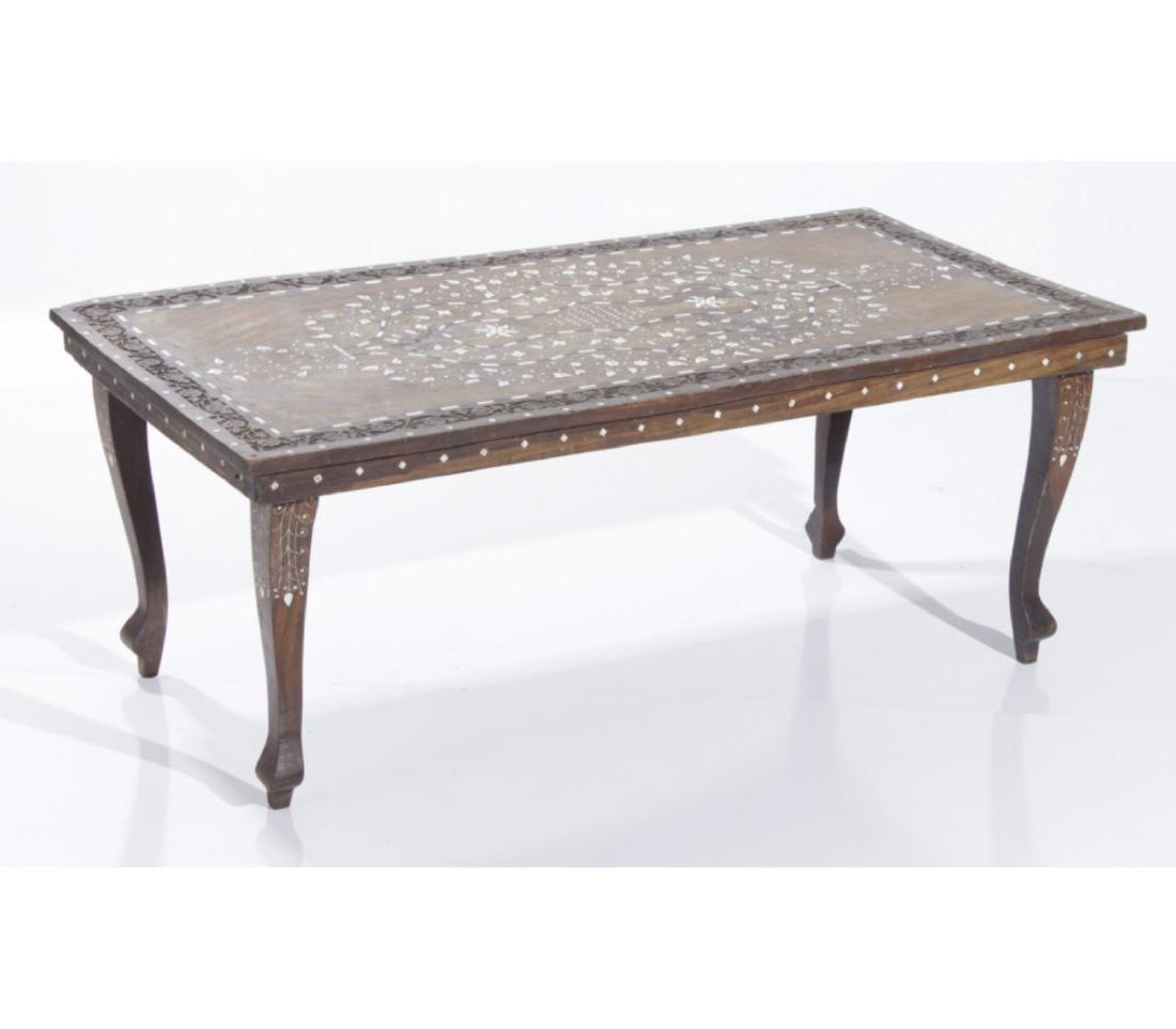 Syrian Inlaid Coffee Table: Syrian table with bone inlay in the Ottoman fashion. 16.5 inches height, 42 inches width, 20.5 inches depth. 16.5"H x 42"W x 20.5"D
