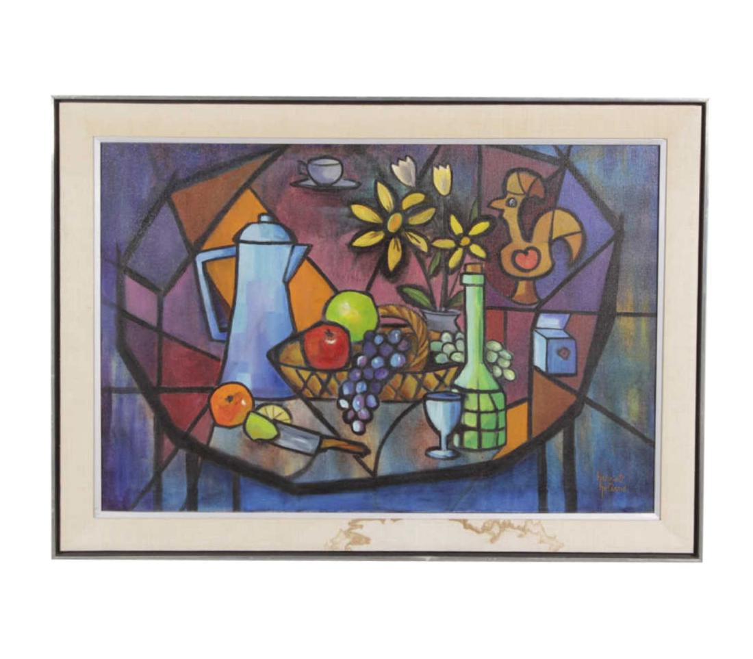Holland. Harriet. 'Still life': Cubist inspired still life on fruit and flowers. Oil on Canvas. Framed. 24 inches height, 36 inches width. 24"H x 36"W