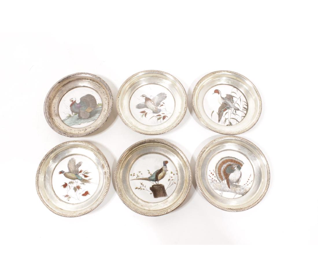 Set 6 Coasters with Sterling Rims: With inlaid porcelain discs. 6"Dia