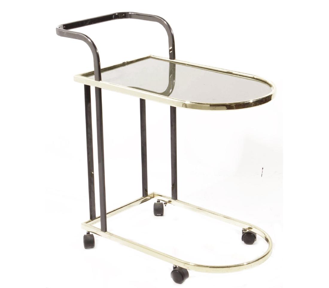 Brass Drinks Trolley: With two glass shelves and curved handle. 35"H x 34"W x 17.5"D