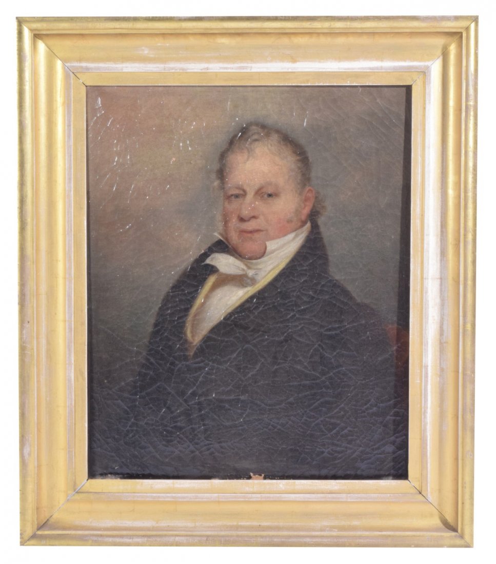 Portrait by Bass Otis, Oil On Canvas: Bass Otis, American early 19th C. Stamped en verso "Portrait by B. OTIS. Philad.", enclosed in circle of 8" polychrome paint dabbed "thumbprints". Framed in original lemon gold deep cove portrait fram