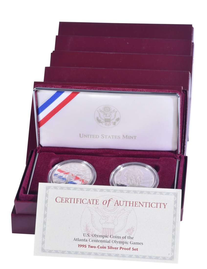 Six Boxed US Mint Silver Olympic Coins (1 of 6)