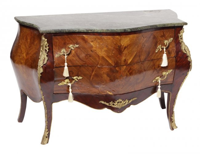 Louis XV Style Commode: 20th C. Green marble top over two drawers with parquetry front and bronze mounts. 33"H x 48"W x 23"D