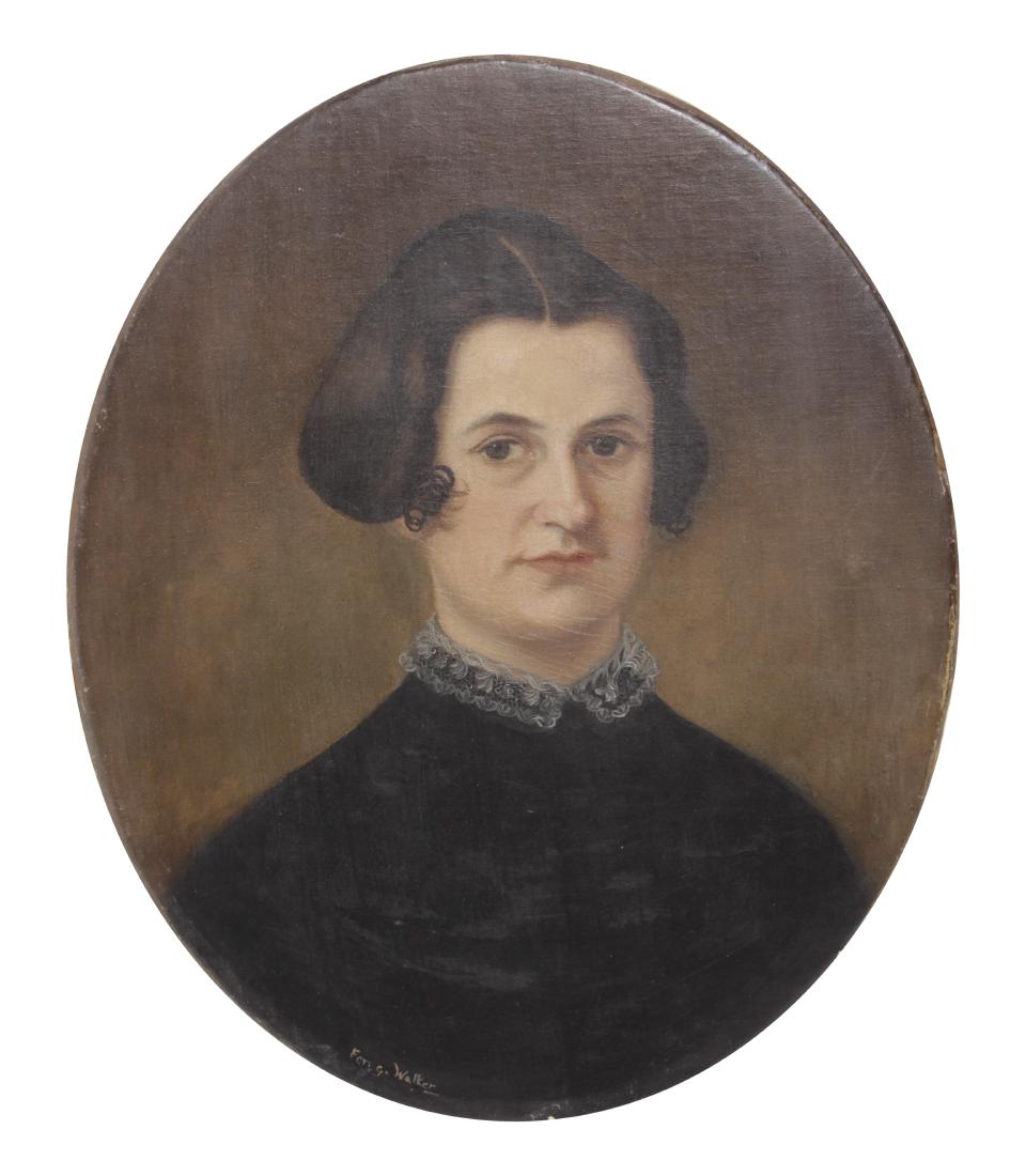 Portrait of a Young Woman: Circa 1830's. English school. Oil on Canvas. Signed (?) Walker to left. Unframed. 18.25"H x 22"Dia