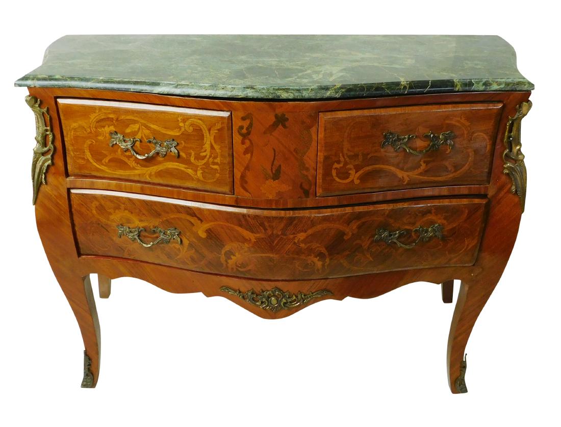 Louis XV Style Commode: With Shaped green marble top. Over marquetry façade with two drawers over one long drawer. 20 C. Condition commensurate with age and use. 32"H x 45"W x 20"D