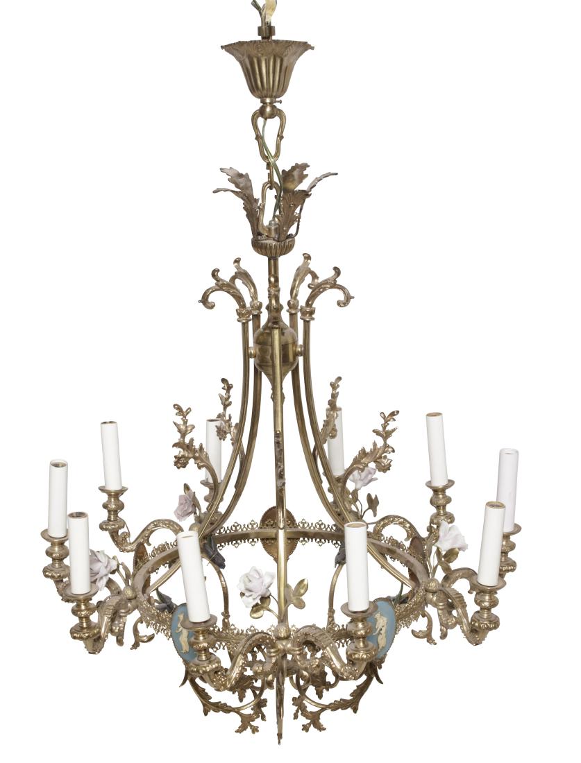 Wedgewood Mounted Chandelier: With 10 arms and four Jasperware medallions. 34"H x 23"Dia