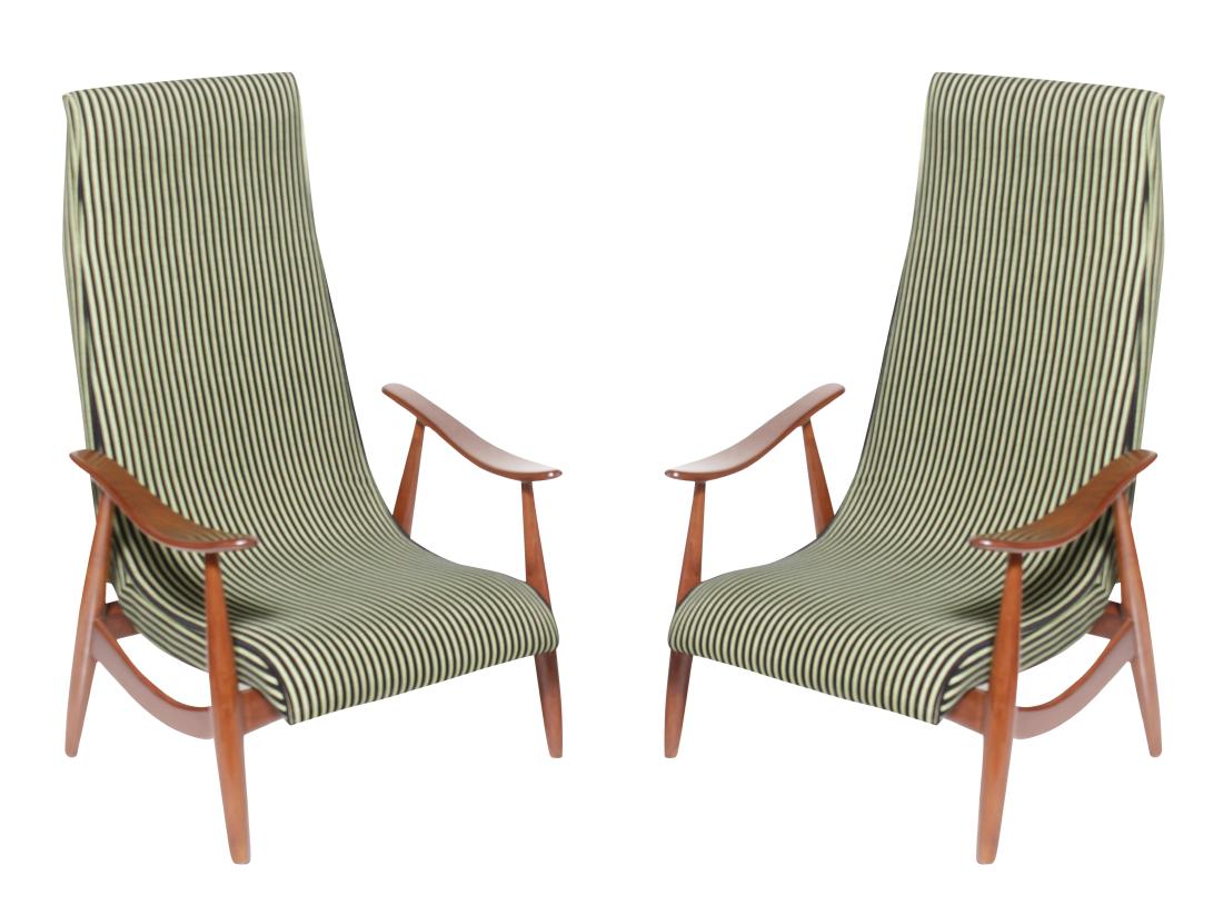 Pair of Italian Modernist Arm Chairs: Mid 20th C. In the manner of Gio Ponti. Now upholstered in a striped fabric. 41.25"H x 26.5"W x 25"D