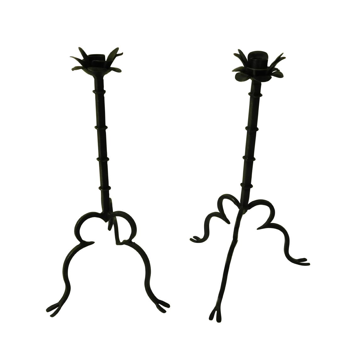 Wrought Iron Candlesticks: Baroque style in blacked iron with scroll feet. 16.5"H x 9.5"Dia