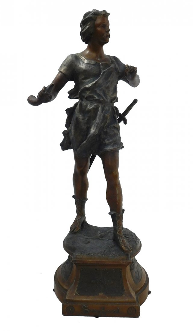 Patinated Metal Sculpture of a Man: Patinated Metal Sculpture of a Man titled Siegfried in a golden brown patina. Late 19th/early 20th century Some losses to finish 19.5 inches high 16"H x 8"W x 5"D