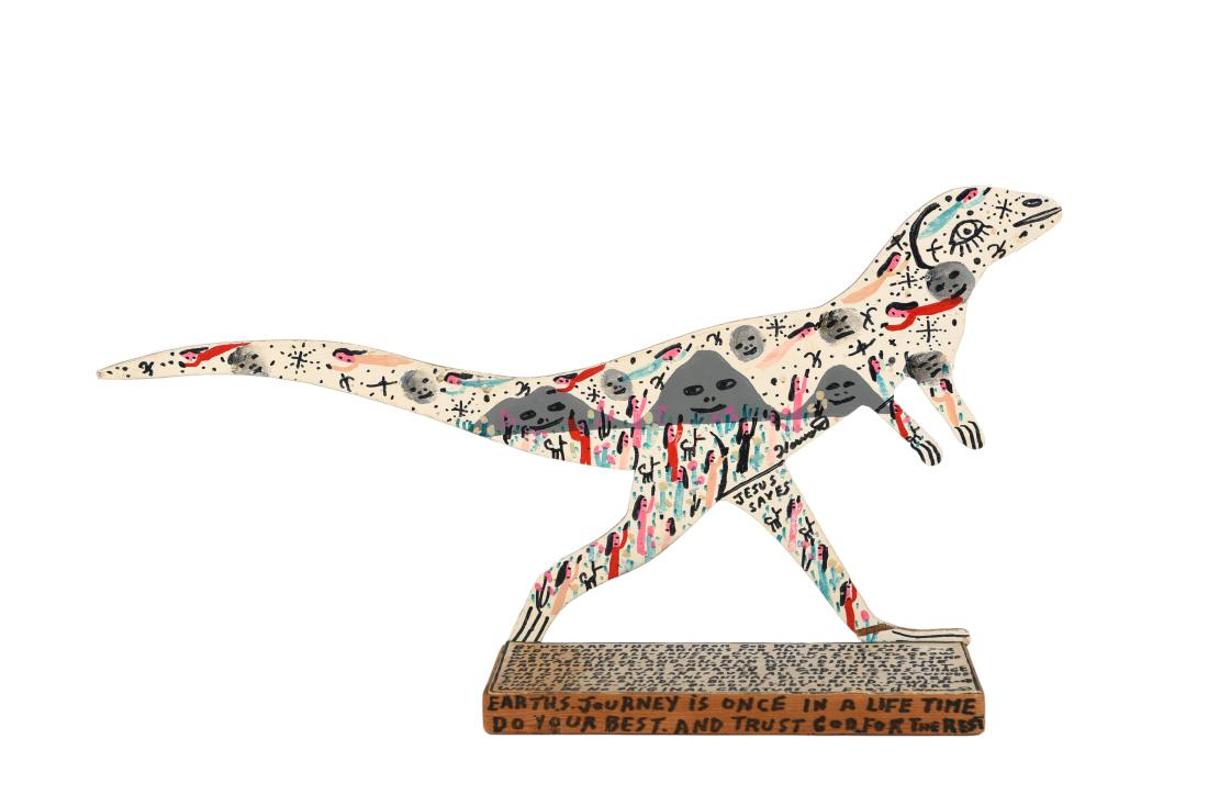 Finster, Reverend Howard (American, 1916-2001): Mixed media. Lizard on inscribed base. Signed and numbered in marker on back. 9.5"H x 18"D x 3.5"D. Repair to ankle. This lot is located at 1502 N Lime Avenue, Sarasota, Florida, 34237. DELIVERY SERVI